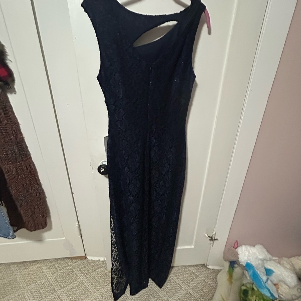 Connected Apparel Navy Asymmetrical Lace Dress